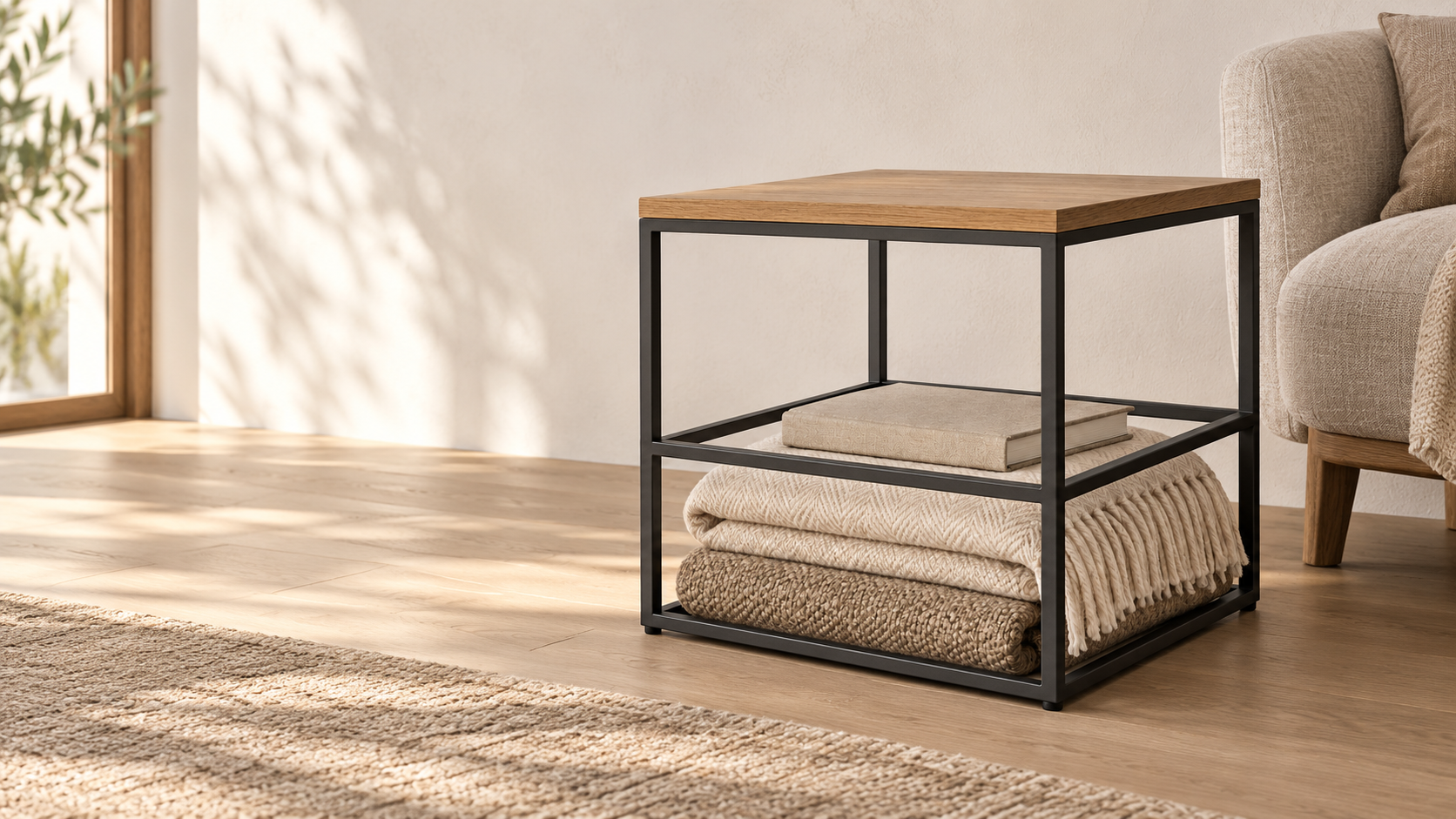 Stacked frame storage table in a living room